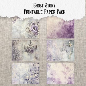 K&ouml;nnte beinhalten: Ein druckbares Papierpaket mit sechs verschiedenen Designs mit einem lila und wei&szlig;en Aquarellhintergrund. Die Designs beinhalten ein Blumenmuster, einen Kronleuchter und ein schlichtes Aquarelldesign.