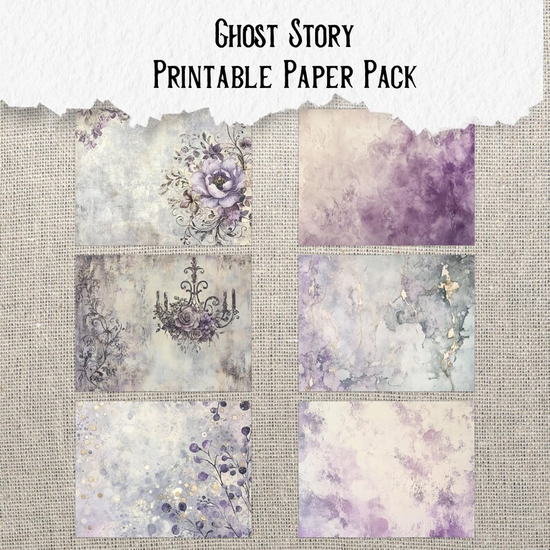 K&ouml;nnte beinhalten: Ein druckbares Papierpaket mit sechs verschiedenen Designs mit einem lila und wei&szlig;en Aquarellhintergrund. Die Designs beinhalten ein Blumenmuster, einen Kronleuchter und ein schlichtes Aquarelldesign.