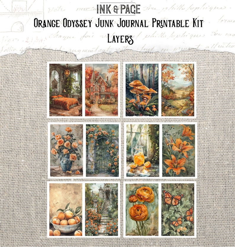Orange Odyssey Junk Journal Printable Kit Marigold Digital Download Amber Vintage Ephemera Scrapbook Paper Supplies Shabby Background Pages image 3