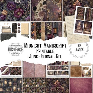 May include: A digital printable junk journal kit titled "Midnight Manuscript." The kit includes various patterned papers, ephemera, and decorative elements in shades of purple, brown, and cream. The kit contains 82 pages and features floral and antique book themes.