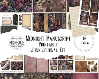 Op de afbeelding: Een digitale, printbare junk journal kit getiteld "Midnight Manuscript". De kit bevat verschillende papieren met patronen, ephemera en decoratieve elementen in paars, bruin en crème. De kit bevat 82 pagina's en heeft bloemen- en antieke boeken thema's.