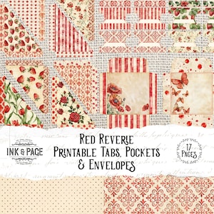 Red Reverie Printable Tabs Taschen Umschlag Junk-Journal Crimson Ephemera Vintage Verzierungen Scrapbook Grungy Scarlet Blumen Happy Mail
