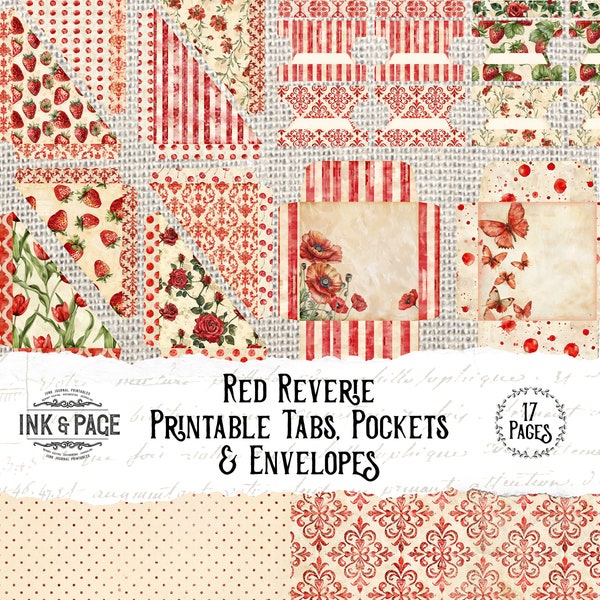 Red Reverie Printable Tabs Pockets Envelope Junk Journal Crimson Ephemera Vintage Embellishments Scrapbook Grungy Scarlet Flowers Happy Mail