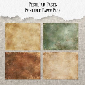 May include: A set of four rectangular printable paper sheets with a distressed, aged texture. The colours include light tan, muted green, dark brown, and beige. The text 'Peculiar Pages Printable Paper Pack' is displayed at the top of the image.