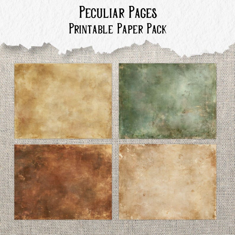 May include: A set of four rectangular printable paper sheets with a distressed, aged texture. The colours include light tan, muted green, dark brown, and beige. The text 'Peculiar Pages Printable Paper Pack' is displayed at the top of the image.