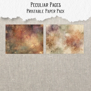 May include: Two rectangular sheets of paper featuring abstract watercolour textures in shades of brown, rust, green, and cream. The text "Peculiar Pages Printable Paper Pack" is displayed at the top in a dark, stylized serif font.