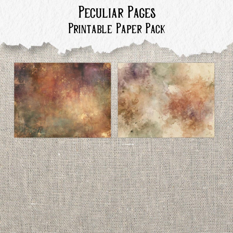 May include: Two rectangular sheets of paper featuring abstract watercolour textures in shades of brown, rust, green, and cream. The text "Peculiar Pages Printable Paper Pack" is displayed at the top in a dark, stylized serif font.