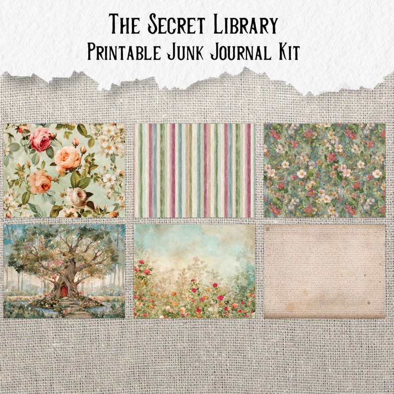 May include: A printable junk journal kit titled "The Secret Library." The kit includes six different designs: floral patterns, striped patterns, a tree scene, a garden scene, and a page of text.