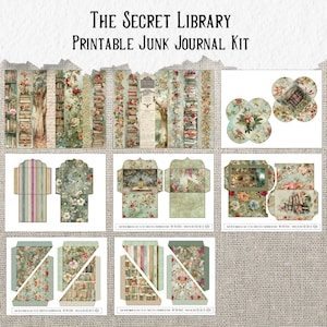 May include: A printable junk journal kit titled "The Secret Library" featuring various floral and book-themed designs. The kit includes decorative strips, envelopes, and circular embellishments in soft pastel colors, perfect for crafting and scrapbooking.
