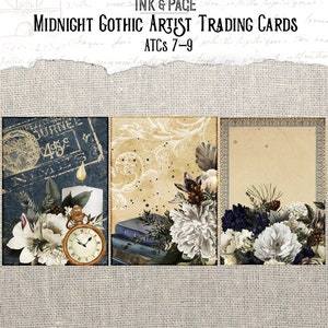 May include: Three vintage-style trading cards with a gothic theme. The cards feature floral arrangements with white and blue flowers, a candle, a pocket watch, and a stack of books. The cards have a distressed, aged look with a textured background.