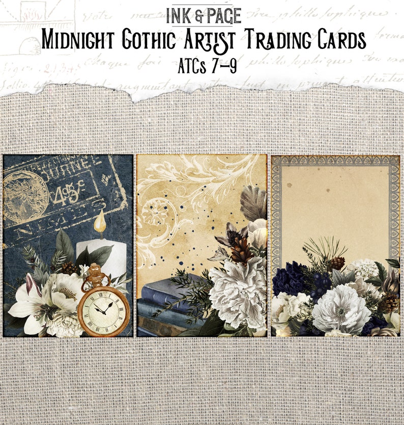May include: Three vintage-style trading cards with a gothic theme. The cards feature floral arrangements with white and blue flowers, a candle, a pocket watch, and a stack of books. The cards have a distressed, aged look with a textured background.