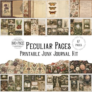 以下が含まれることがあります： 「Peculiar Pages」と題された印刷可能なジャンクジャーナルキット。植物のイラスト、蝶、キノコ、花柄、手書き文字、暗く雰囲気のある庭の風景などが描かれた、ヴィンテージスタイルのペーパーデザイン67ページ分が含まれています。