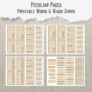 May include: A digital sheet titled Peculiar Pages Printable Words & Washi Strips featuring beige rectangular labels with black text. The collection includes individual words like wild, hidden, beauty, and story, alongside thin washi strips and small rectangular forms labeled Notice of Unusual Occurrence.