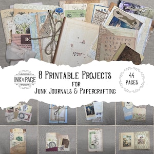 Op de afbeelding: Een verzameling papierknutselprojecten in vintage-stijl, waaronder journaalpagina's, tags en ephemera. De afbeelding toont een verscheidenheid aan bedrukt papier, bloemelementen en decoratieve accenten. De tekst op de afbeelding luidt "8 Printable Projects for Junk Journals & Papercrafting" en "44 Pages."