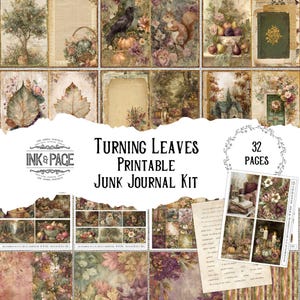 Op de afbeelding: Een printbaar junk journal kit getiteld "Turning Leaves" met 32 pagina's. De kit bevat illustraties in vintage stijl van herfsttaferelen, waaronder bladeren, pompoenen, eekhoorns en een raaf. Het kleurenpalet omvat gedempte groen-, bruin- en paars tinten.