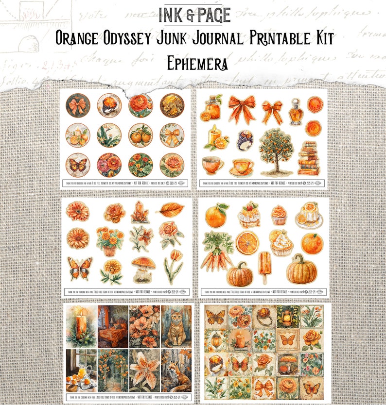Orange Odyssey Junk Journal Printable Kit Marigold Digital Download Amber Vintage Ephemera Scrapbook Paper Supplies Shabby Background Pages image 6