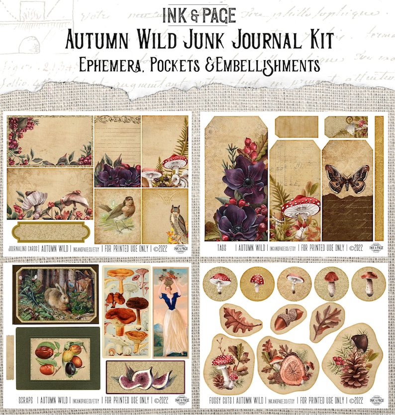 Autumn Wild Junk Journal Printable Kit, Fall Mushroom Digital Download ...