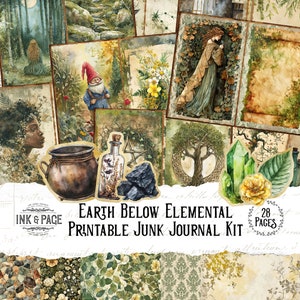 Earth Junk Journal afdrukbare vier elementen digitale download groene heks elementaire grimoire natuur scrapbook ambachtelijke papier bos astrologisch