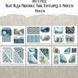 May include: Printable blue and white pocket, envelope, and tab designs. The designs feature a variety of patterns and images, including a lighthouse, a moon, and a bird's nest. The text "Blue Bliss Printable Tabs, Envelopes & Pockets" is at the top of the image. The text "POCKETS" is below the text "Blue Bliss Printable Tabs, Envelopes & Pockets".