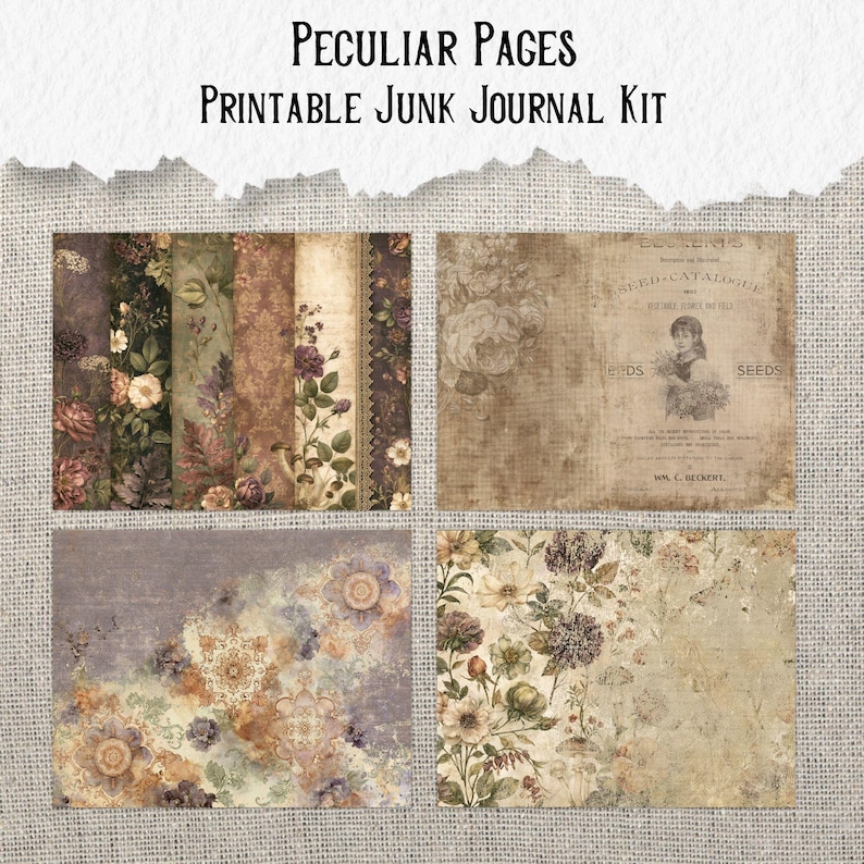 Op de afbeelding: Een printbare junk journal kit genaamd Peculiar Pages met vier verschillende secties aan papierontwerpen. De afbeeldingen bevatten vintage bloemenpatronen, botanische illustraties, een sepia-kleurige zaadcataloguspagina met een portret en mandala-motieven.