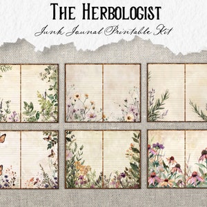 May include: Printable junk journal kit with six pages featuring watercolor illustrations of flowers, butterflies, and greenery. The pages have lined paper and a vintage aesthetic.