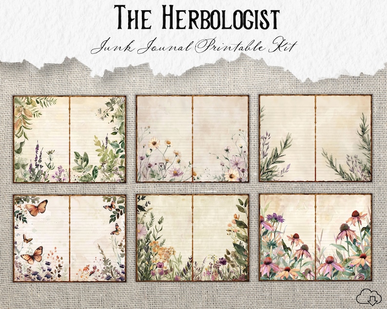 May include: Printable junk journal kit with six pages featuring watercolor illustrations of flowers, butterflies, and greenery. The pages have lined paper and a vintage aesthetic.