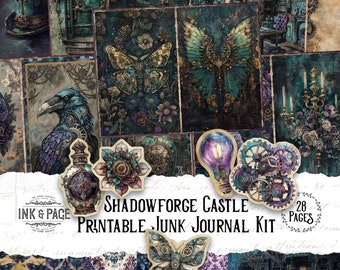 May include: A printable junk journal kit with 28 pages featuring a dark, gothic aesthetic. The kit includes images of a castle, butterflies, gears, a raven, and a lightbulb. The text "Shadowforge Castle Printable Junk Journal Kit 28 Pages" is included in the image.
