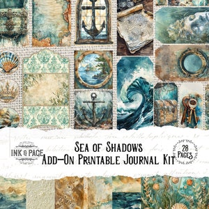 Sea of Shadows Printable Ephemera Add-On Junk Journal Kit Atlantis Digitaler Download Ozean Papierpackung Piraten Tags marine Taschen Umschläge