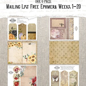May include: A collection of printable ephemera with a vintage aesthetic. The designs include tags, journal pages, and decorative elements featuring floral, botanical, and celestial motifs. The text "MAILING LIST FREE EPHMERA WEEKS 1-20" is visible.