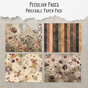 May include: Peculiar Pages Printable Paper Pack featuring four distinct designs: a botanical floral print, a vertical striped pattern in muted earth tones, a cream background with watercolour floral splatters, and a dark floral illustration.