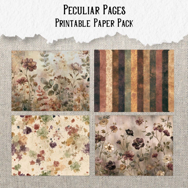 May include: Peculiar Pages Printable Paper Pack featuring four distinct designs: a botanical floral print, a vertical striped pattern in muted earth tones, a cream background with watercolour floral splatters, and a dark floral illustration.