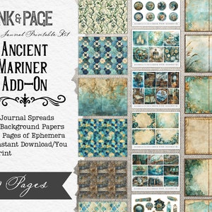 Puede incluir: Un kit digital imprimible para el diario de chatarra con un tema n&aacute;utico. El kit incluye 6 p&aacute;ginas de diario, 6 papeles de fondo y 18 p&aacute;ginas de ef&iacute;meras. El kit se titula "Ancient Mariner Add-On" y presenta una combinaci&oacute;n de colores azul y verde.