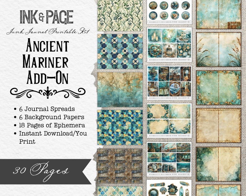 Puede incluir: Un kit digital imprimible para el diario de chatarra con un tema n&aacute;utico. El kit incluye 6 p&aacute;ginas de diario, 6 papeles de fondo y 18 p&aacute;ginas de ef&iacute;meras. El kit se titula "Ancient Mariner Add-On" y presenta una combinaci&oacute;n de colores azul y verde.