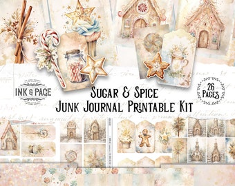 Sugar and Spice Junk Journal Printable Kit Holiday Digital Download Cookie Christmas Gingerbread House Candy Cane Vintage Ephemera Lollipop