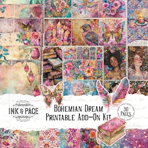 Bohemian Dream Junk Journal Printable Ephemera Digital Pockets Whimsical Envelopes Rainbow ATCs Mixed Media Collage Magical Summer Flowers