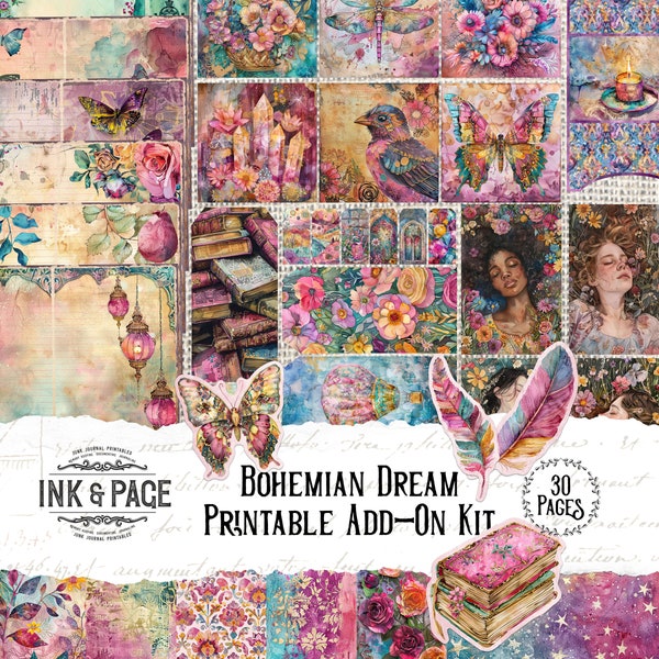 Bohemian Dream Junk Journal Printable Ephemera Digital Pockets Whimsical Envelopes Rainbow ATCs Mixed Media Collage Magical Summer Flowers