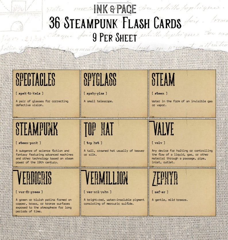 Op de afbeelding: Een set van 36 steampunk-flashcards, elke kaart toont een ander woord gerelateerd aan steampunk, met een definitie en een uitspraakgids. De kaarten zijn gedrukt op gestructureerd papier met een vintage uitstraling.