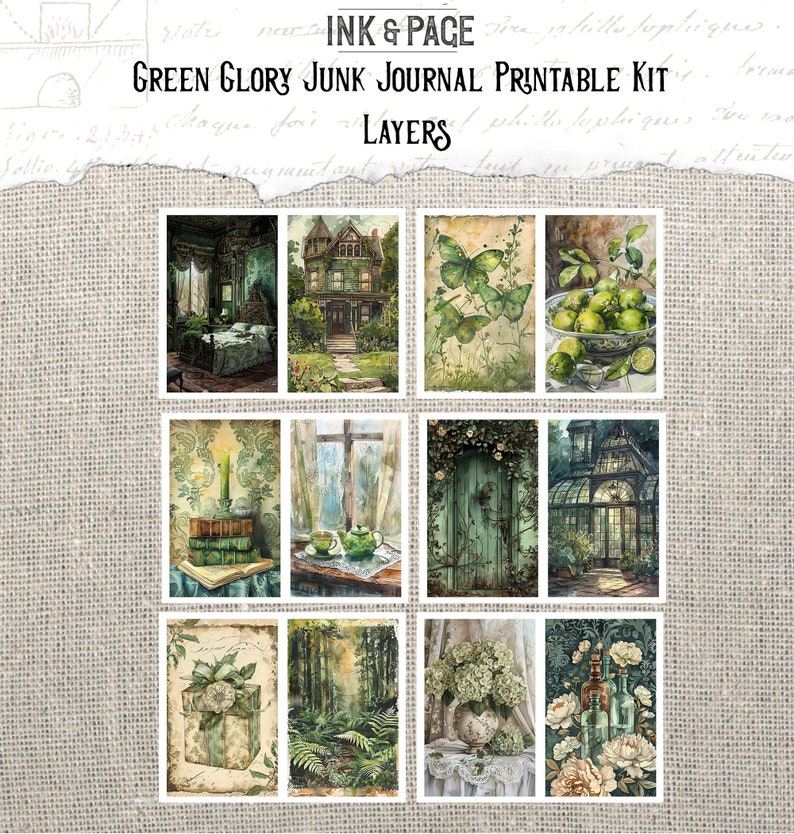 Green Glory Junk Journal Printable Ephemera Rainbow Vintage Digital Paper Pack Shabby Lime Mixed Media Spring Leaves Nature Scrapbook Pages image 4