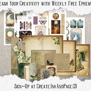 May include: A collection of digital printable ephemera featuring vintage illustrations of fairies, butterflies, flowers, and moons. The ephemera is perfect for scrapbooking, card making, and other paper crafts.  Sign up at create.inkandpage.co