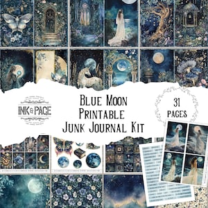 Blue Moon Junk Journal Printable Kit Lunar Magic Digital Download Enchanted Forest Scrapbook Celestial Ephemera Moths Wicca Book of Shadows