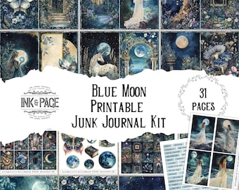 Op de afbeelding: Een printbare junk journal-set met een blauwe maan-thema. De set bevat 31 pagina's met afbeeldingen met verschillende ontwerpen, waaronder een eenhoorn, een vlinder, een maan en een boslandschap. De set is perfect om een uniek en persoonlijk journal te maken.