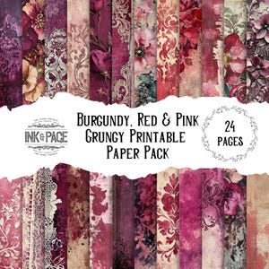 Burgundy Red & Pink Printable Paper Pack Pretty Grungy Collage Distress Mixed Media Scrapbook Craft Colorful Watercolor Valentine Background