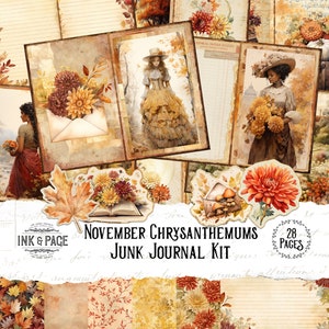 Novembro lixo diário kit para impressão crisântemo download digital mês de nascimento diário páginas papéis de outono vintage coisas efêmeras planejador de outono