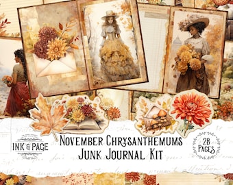 May include: A digital junk journal kit with 28 pages featuring images of fall leaves, chrysanthemums, and women in vintage clothing. The kit includes the text "November Chrysanthemums Junk Journal Kit".