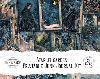 May include: A printable junk journal kit with 28 pages featuring a starlit garden theme. The kit includes images of a castle, a woman in a cloak, a path through a forest, and a starry sky.