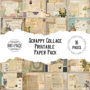 Puede incluir: Un collage de hojas de papel de estilo vintage con elementos florales, mariposas y manuscritos. Se muestra el texto "Scrappy Collage Printable Paper Pack", junto con "16 Pages". El diseño incorpora una variedad de texturas y colores.
