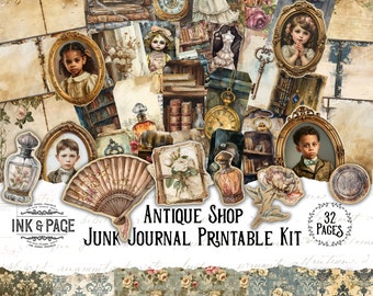 Negozio di antiquariato Junk Journal Kit stampabile Shabby Chic Download digitale Vintage Ephemera Grunge Scrapbook Carta Neutro Vittoriano Tag Tasche