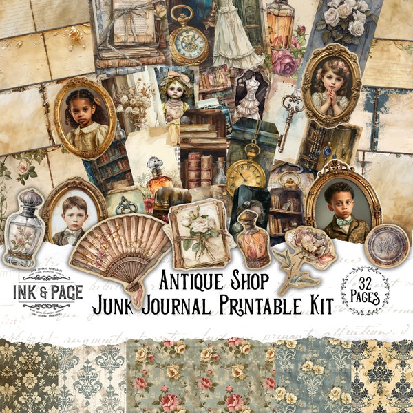 Antique Shop Junk Journal Printable Kit Shabby Chic Digital Download Vintage Ephemera Grunge Scrapbook Paper Neutral Victorian Tags Pockets