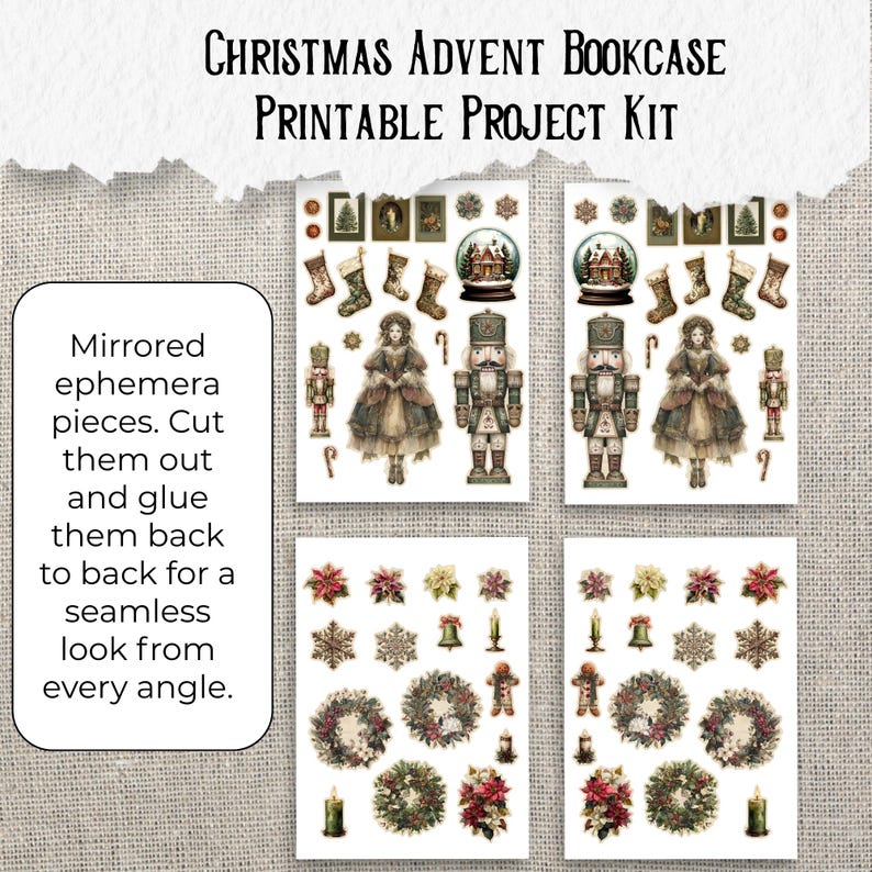 Utskrivbart kit för adventsbokhylla | Miniboklådor | Vintage julbibliotek | Skräpjournal och papperspysselprojekt bild 8