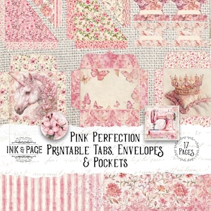 May include: Pink and white printable tabs, envelopes, and pockets with floral and butterfly designs. The text "PINK PERFECTION PRINTABLE TABS, ENVELOPES & POCKETS" is at the bottom of the image. The text "17 PAGES" is in the top right corner of the image.